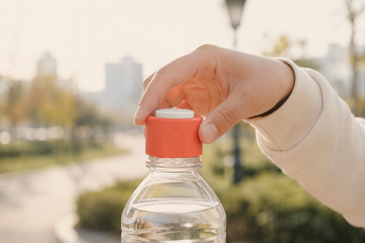 Ruka šroubuje vitamínové víčko lidamins na PET láhev vody